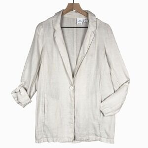 HALSTON 100% Linen Casual Blazer Women's Sz M Ivory One Button Pockets Lagenlook